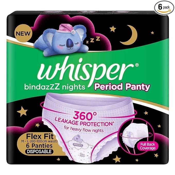 WHISPER BINDAZZZ NIGHTS PERIOD PANTY , 6 M-L PADS, 360 DEGREE LEAKAGE PROTECTION FOR HEAVY FLOW, UPTO 0% LEAKS, FULL BACK COVERAGE, PANTY LIKE FLEX FIT, SOFT & COMFORTABLE