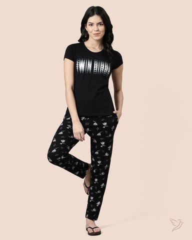 Twin Birds Women Lounge Wear Pants Black Flower Printed