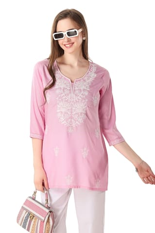 Pinky Pink Rayon Chikankari Kurti Tunic By Bloomkart