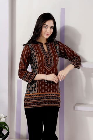 Brown Cotton Print Ban Collar Short Tunic Top By Bloomkart