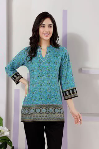 Turquoise Jaipuri Cotton Print Mandarin Collar Short Tunic Top By Bloomkart