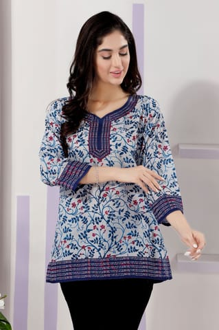 Elegant Blue Floral Print Cotton Short Kurti With Round Neck By Bloomkart
