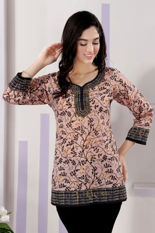 Elegant Peach Floral Print Cotton Short Kurti With Round Neck By Bloomkart