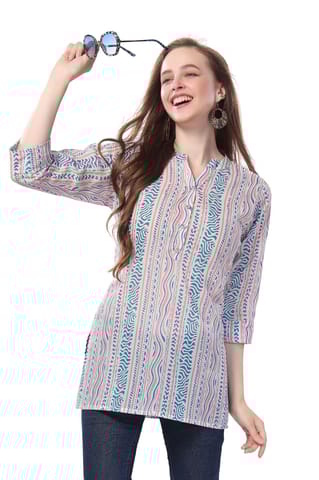 Abstract Allure Blue Geometric Print Mandarin Collar Tunic By Bloomkart