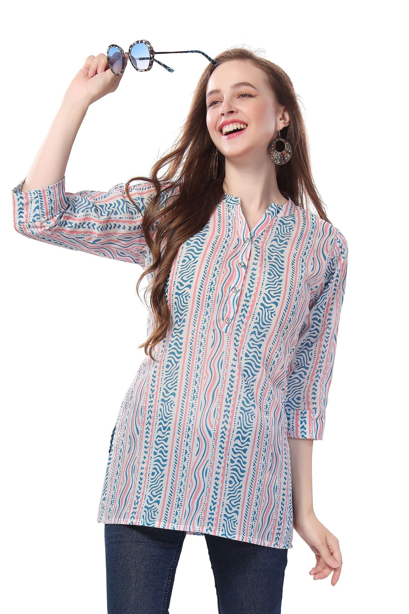 Abstract Allure Blue Geometric Print Mandarin Collar Tunic By Bloomkart