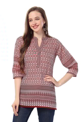 Red Blossom Cotton Print Mandarin Collar Short Tunic By Bloomkart
