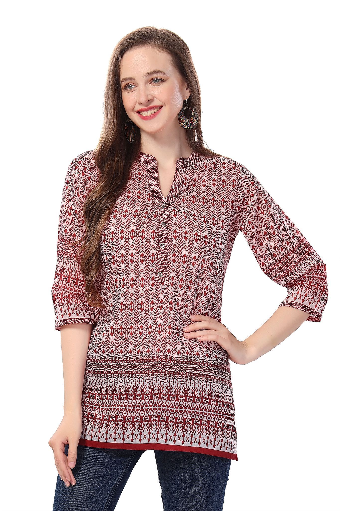 Red Blossom Cotton Print Mandarin Collar Short Tunic By Bloomkart