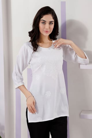 Trendy Short Kurti In White Rayon Fabric With Chikankari Embroidery By Bloomkart