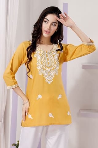 Stylish Yellow Rayon Short Kurti With Chikankari Work By Bloomkart