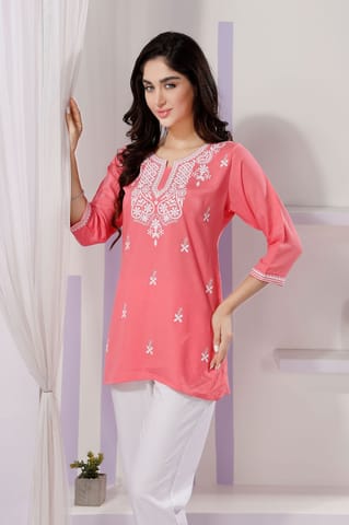 Trendy Short Kurti In Tomato Rayon Fabric With Chikankari Embroidery By Bloomkart