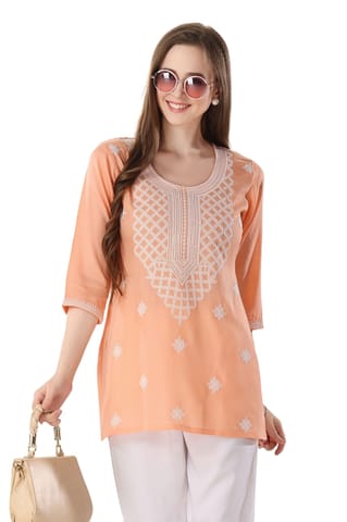 Peach Rayon Chikankari Kurti Tunic By Bloomkart