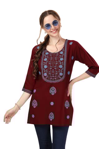 Maroon Trendy Rayon Chikankari Fashion Tunic For Women By Bloomkart