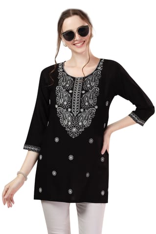 Black Rayon Chikankari Kurti Stylish Short Tunic For Women By Bloomkart