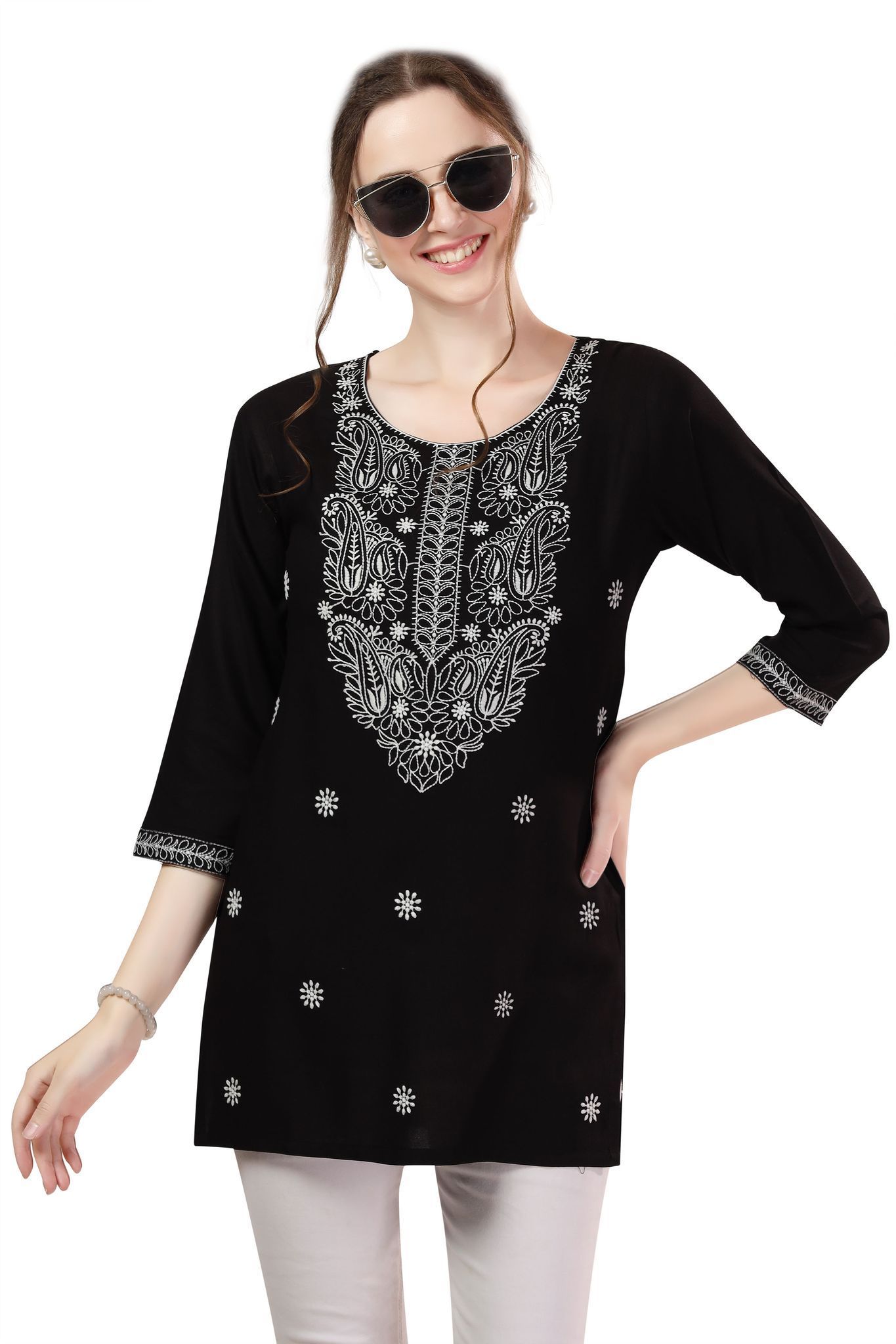 Black Rayon Chikankari Kurti Stylish Short Tunic For Women By Bloomkart
