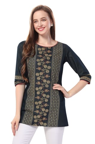 Chic Denim Short Tunic Color Wash Print With Thread Work By Bloomkart