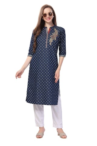 Denim Tunic With Print And Thread Embroidery By Bloomkart