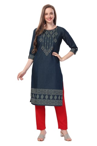 Denim Tunic With Color Wash Print And Thread Work By Bloomkart