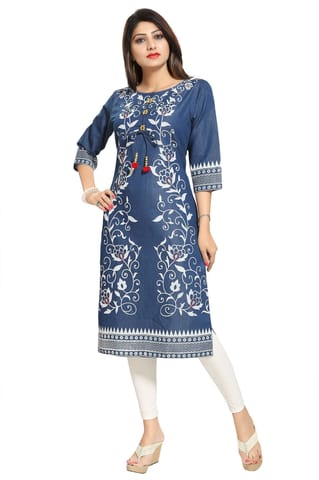 Pristine Floral Printed Denim Kurti With Pom Pom And Bead Accessory By Bloomkart