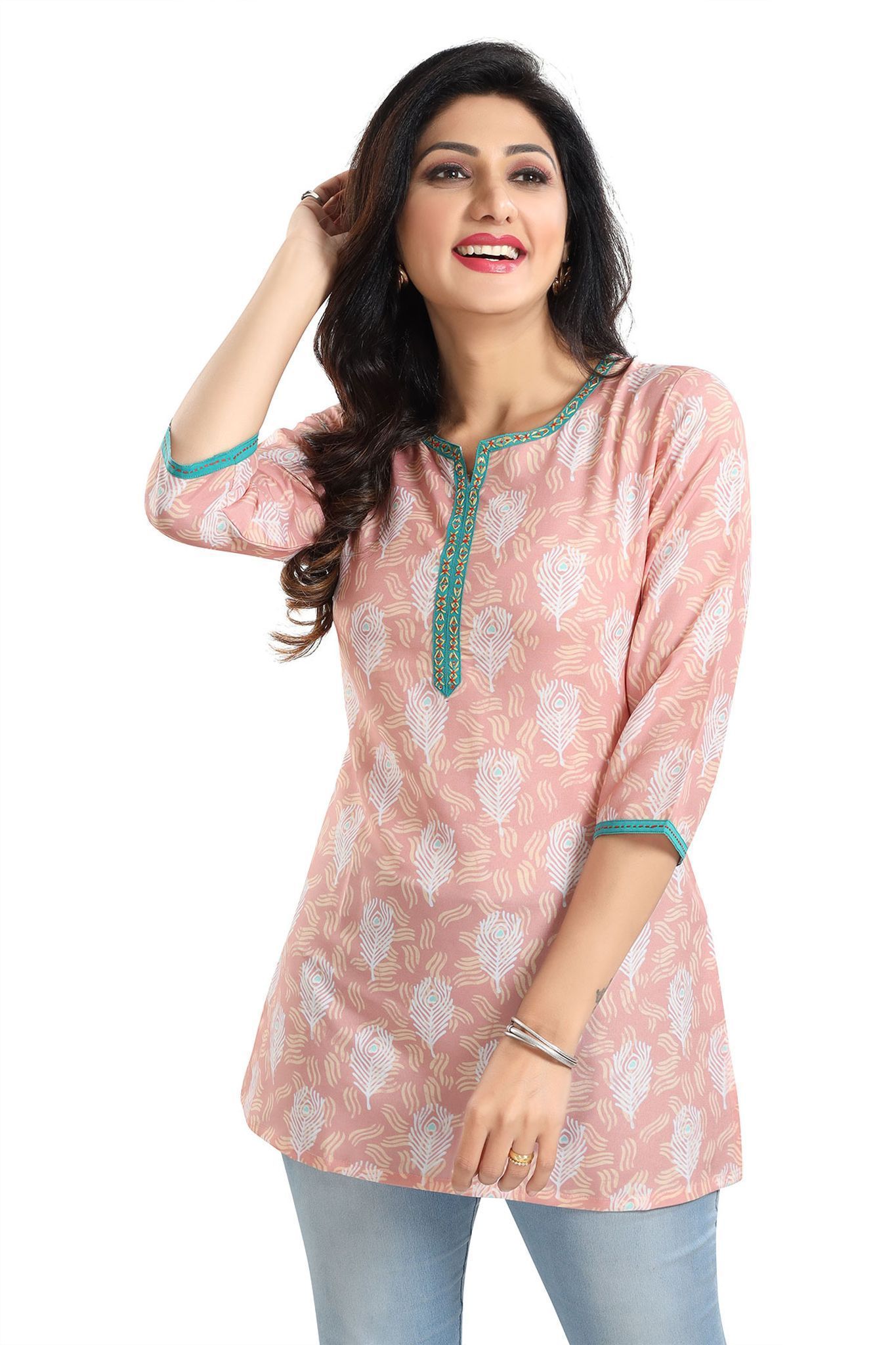 Pretty Pastel Peach Rayon Short Kurti Tunic Top By Bloomkart