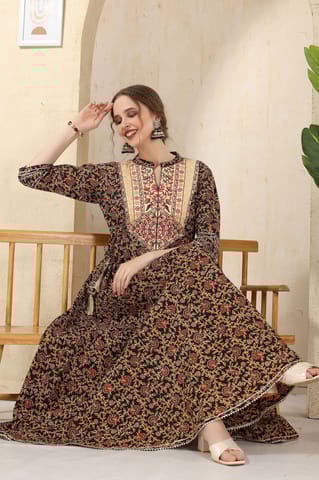 Black Cotton Paisely Print Anarkali With Embroidery Yoke And Tussles By Bloomkart