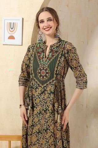 Green Cotton Paisley Print Anarkali With Embroidery Yoke And Tussles By Bloomkart