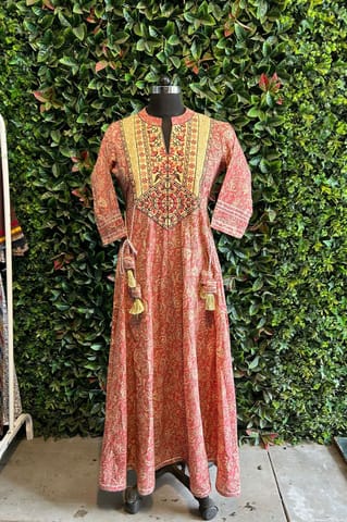 Beige Anarkali Gown With Embroidery Yoke And Tussles By Bloomkart