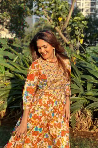 Beige Anarkali Gown With Embroidery Yoke And Tussles By Bloomkart