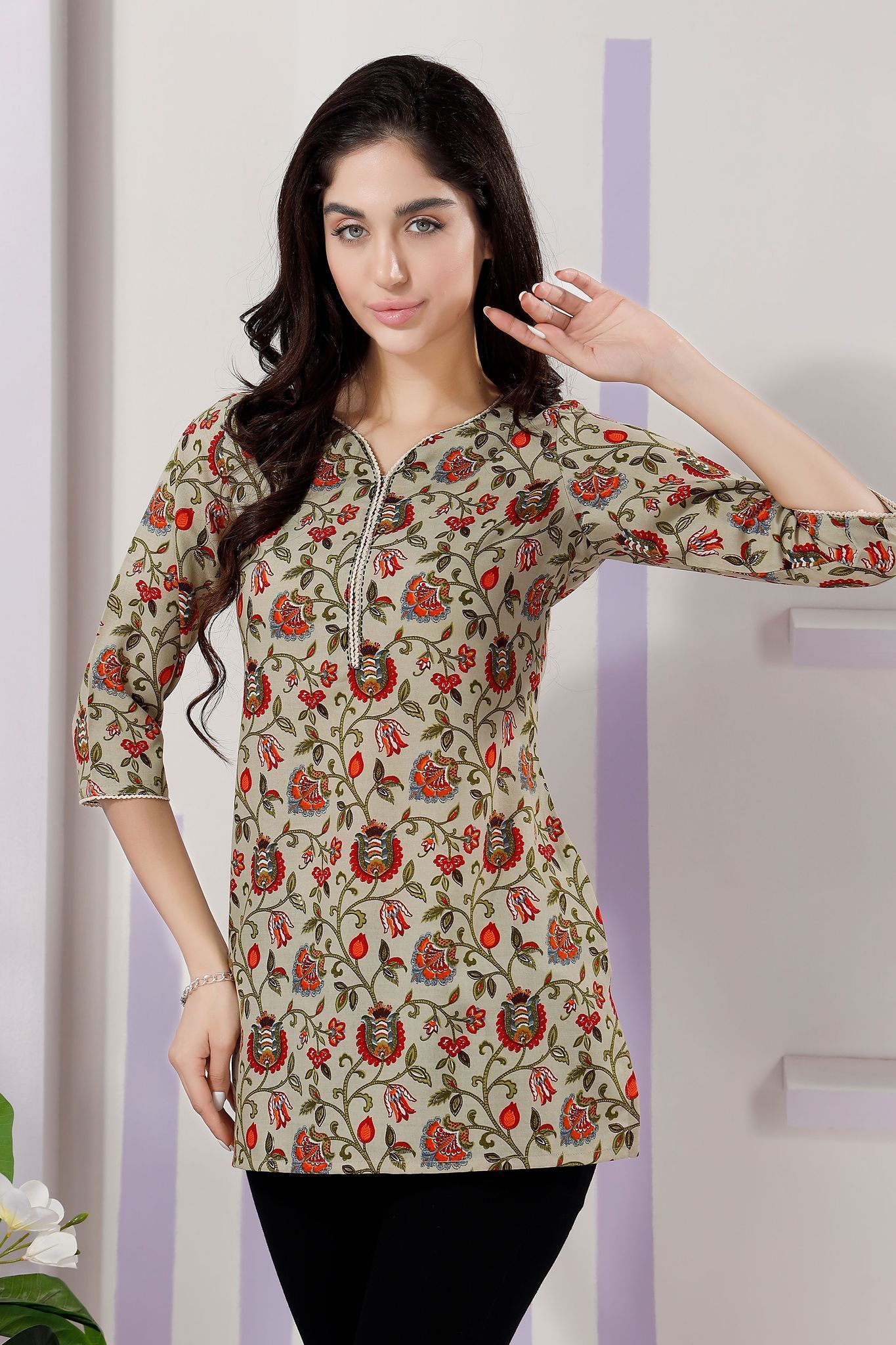 Elegant Pista Flex Cotton V Neck Kurti With Intricate Thread Work By Bloomkart