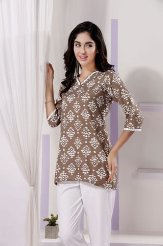 Fashionable Grey Short Kurti With V-Neck And Lace Features By Bloomkart