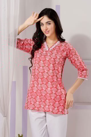 Vibrant Tomato Color V Neck Kurti With Delicate Lace Embellishments By Bloomkart