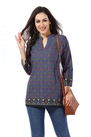 Blue Flex Cotton Designer Short Tunic Top By Bloomkart