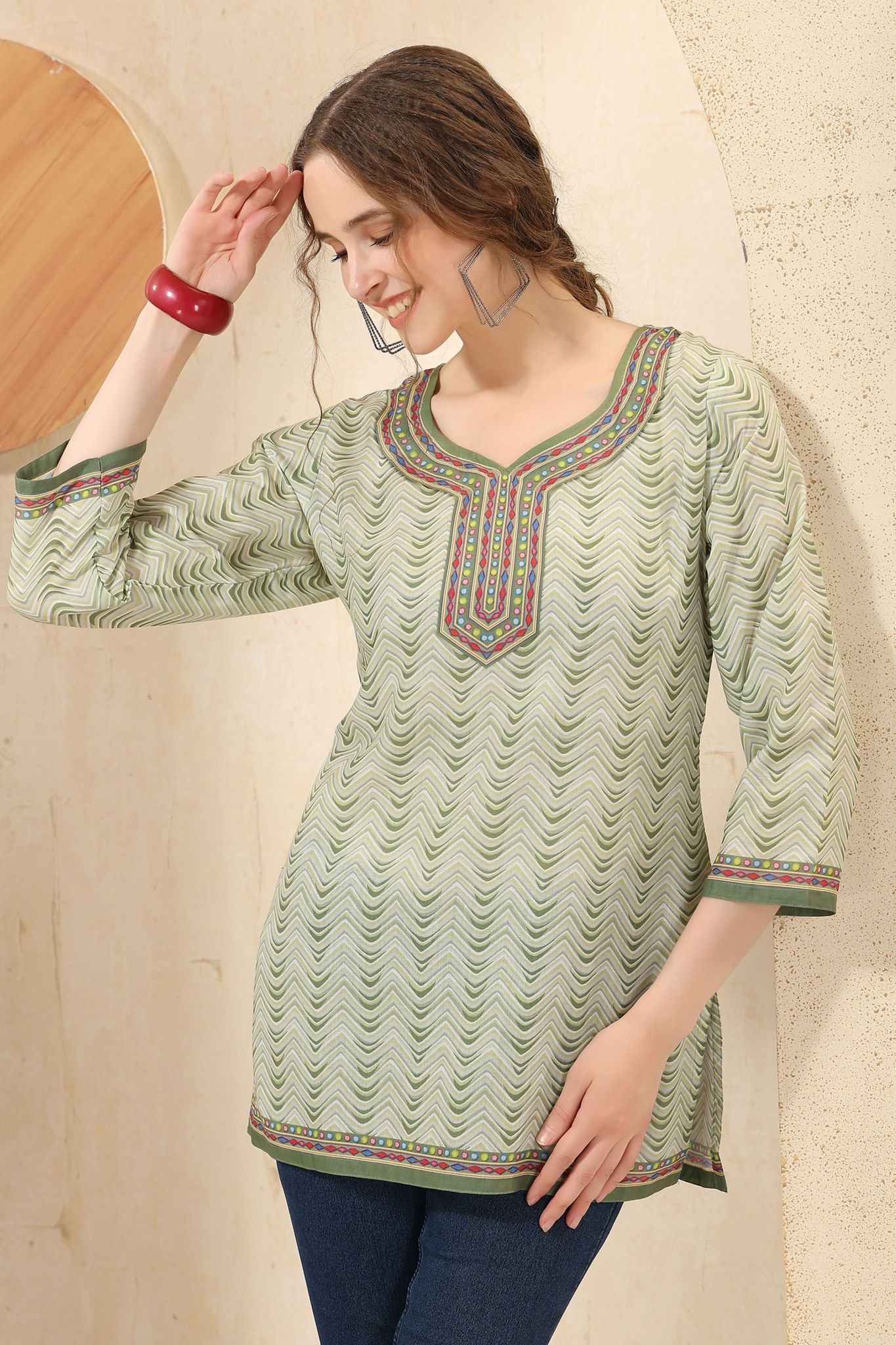Pista Jaipuri Cotton Zig Zag Print Round Neck Short Tunic Top By Bloomkart