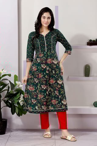 Fashionable Green Anarkali Kurti In Cotton With Mixed Print Patterns By Bloomkart