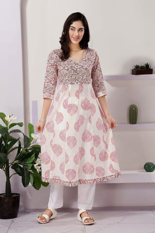 Trendy Pink White Color Cotton Anarkali Kurti With Mix N Match Prints By Bloomkart