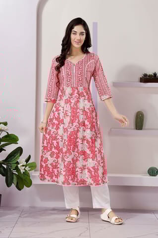 Fashionable Coral Anarkali Kurti In Cotton With Mixed Print Patterns By Bloomkart