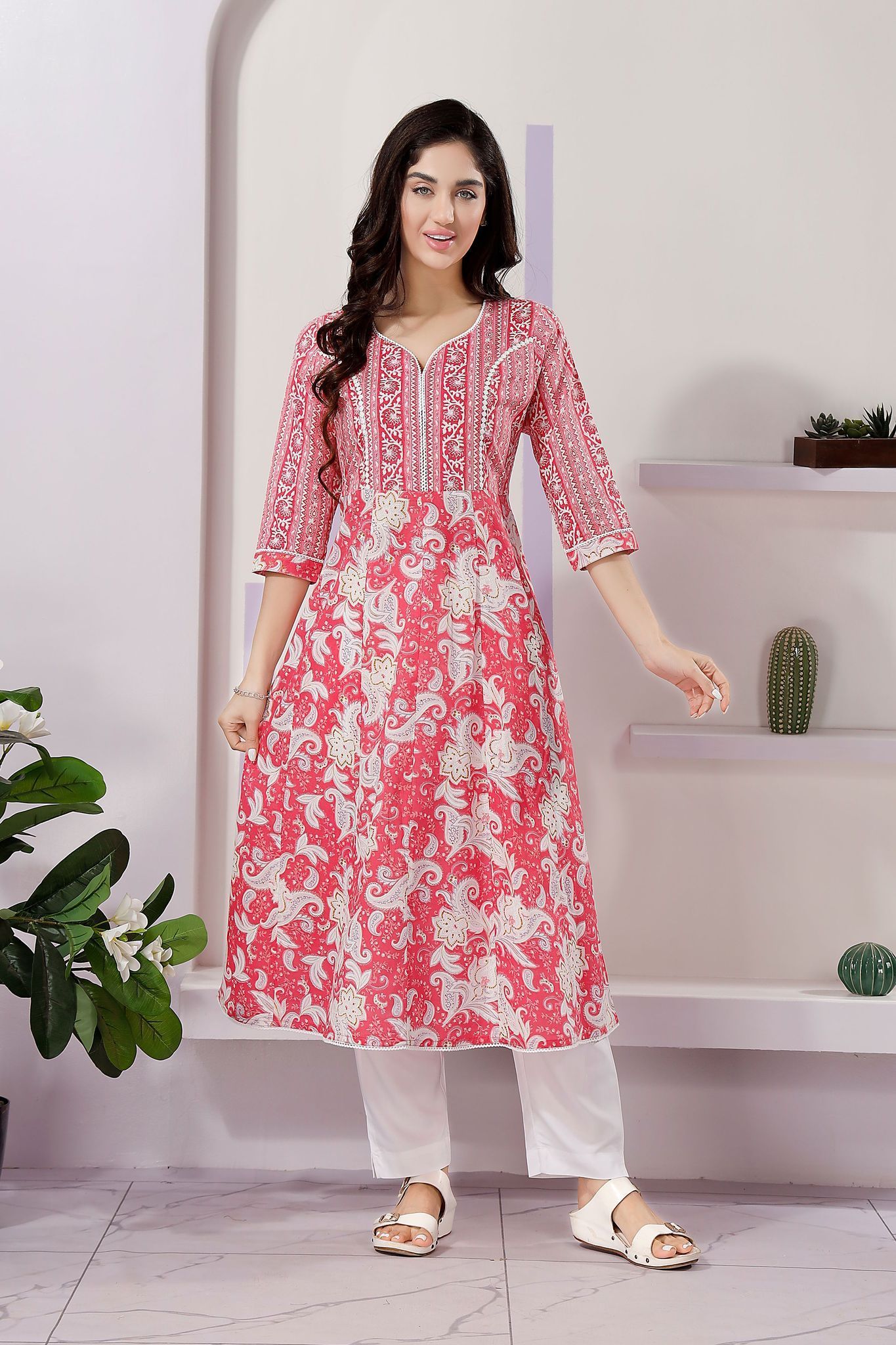 Fashionable Coral Anarkali Kurti In Cotton With Mixed Print Patterns By Bloomkart