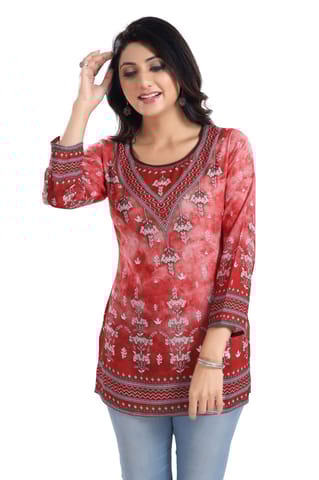 Rustic Rust Faux Crepe Printed Short Kurti Tunic Top By Bloomkart