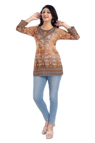 Rustic Brown Faux Crepe Printed Short Kurti Tunic Top By Bloomkart