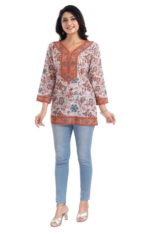 Crazy Cream Faux Crepe Short Kurti Tunic Top By Bloomkart