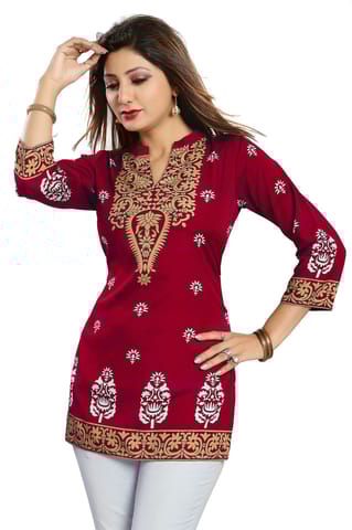 Red Endearing Ethnicity Short Maroon Tunic For Women By Bloomkart