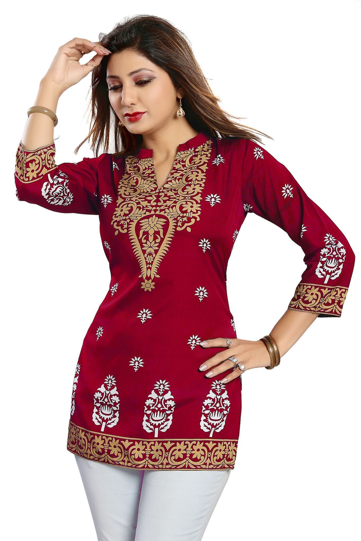 Red Endearing Ethnicity Short Maroon Tunic For Women By Bloomkart