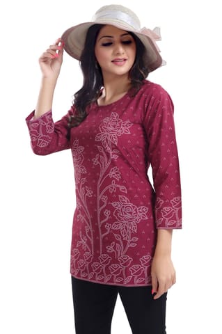 Magenta Faux Crepe Short Kurti Tunic Top By Bloomkart