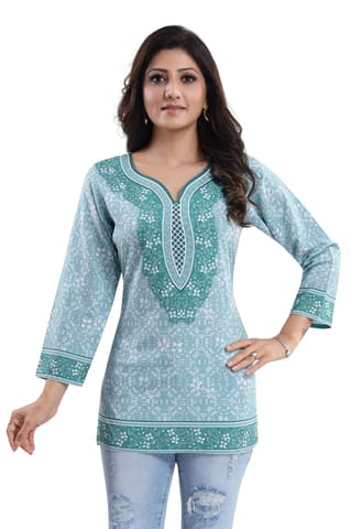 Alluring Faux Crepe Printed Short Kurti Tunic Top By Bloomkart