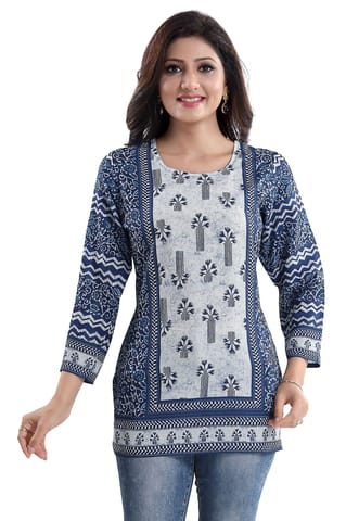 Stylista Indigo Blue Summer Cool Printed Short Kurti Tunic Top By Bloomkart