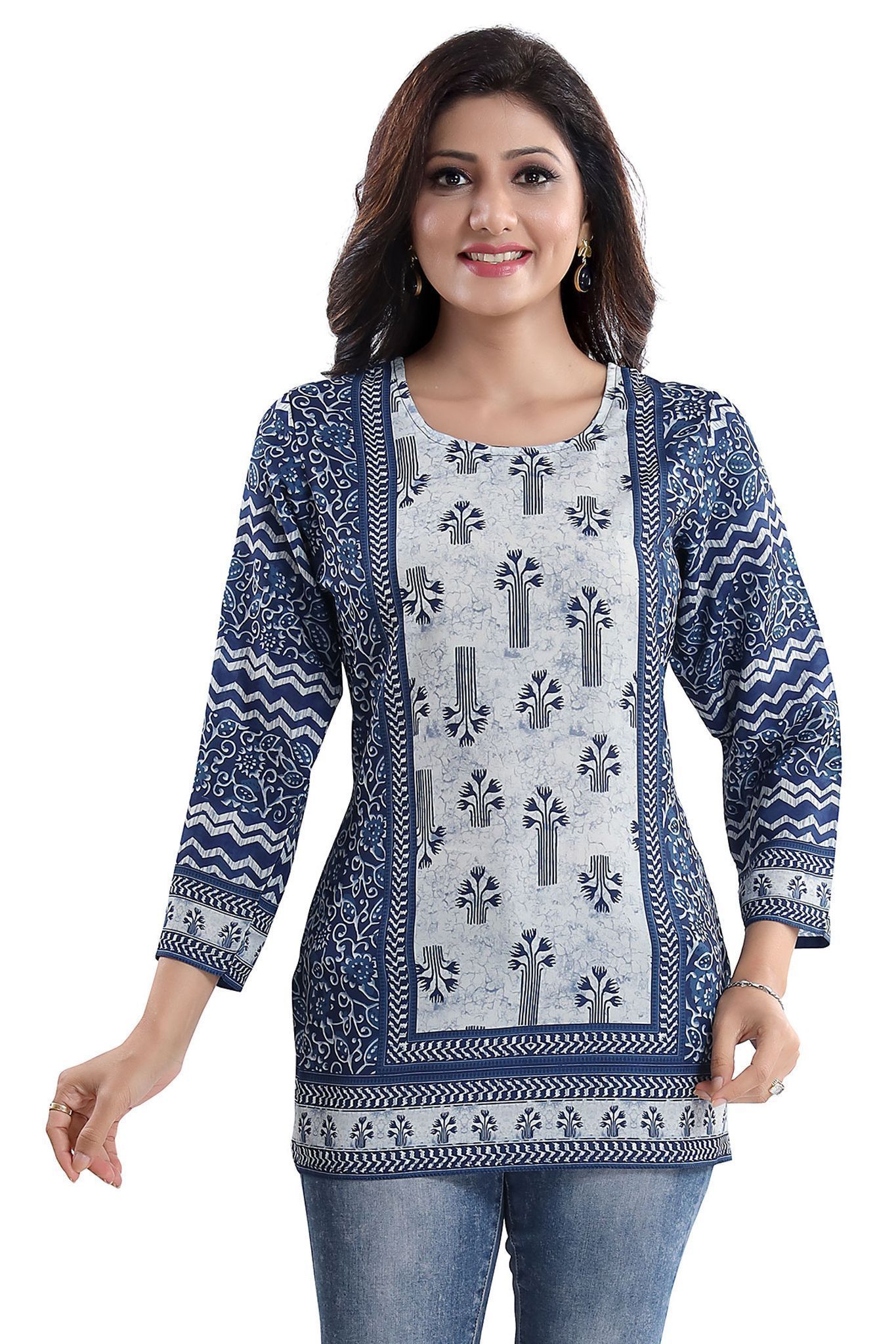Stylista Indigo Blue Summer Cool Printed Short Kurti Tunic Top By Bloomkart
