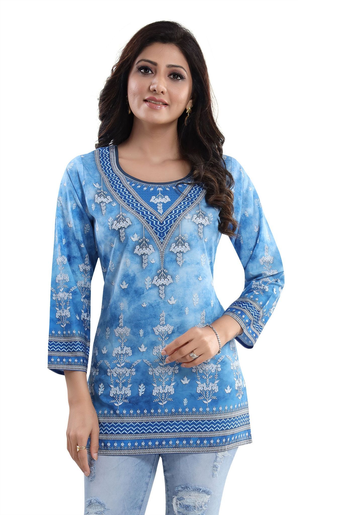 Novelista Sky Blue Faux Crepe Printed Short Kurti Tunic Top By Bloomkart
