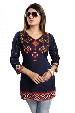 Beautiful Blue Poly Crepe Short Kurti Tunic Top By Bloomkart