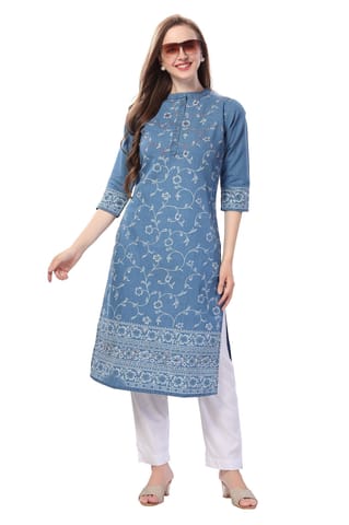 Pristine Floral Printed Denim Kurti With Thread Work By Bloomkart