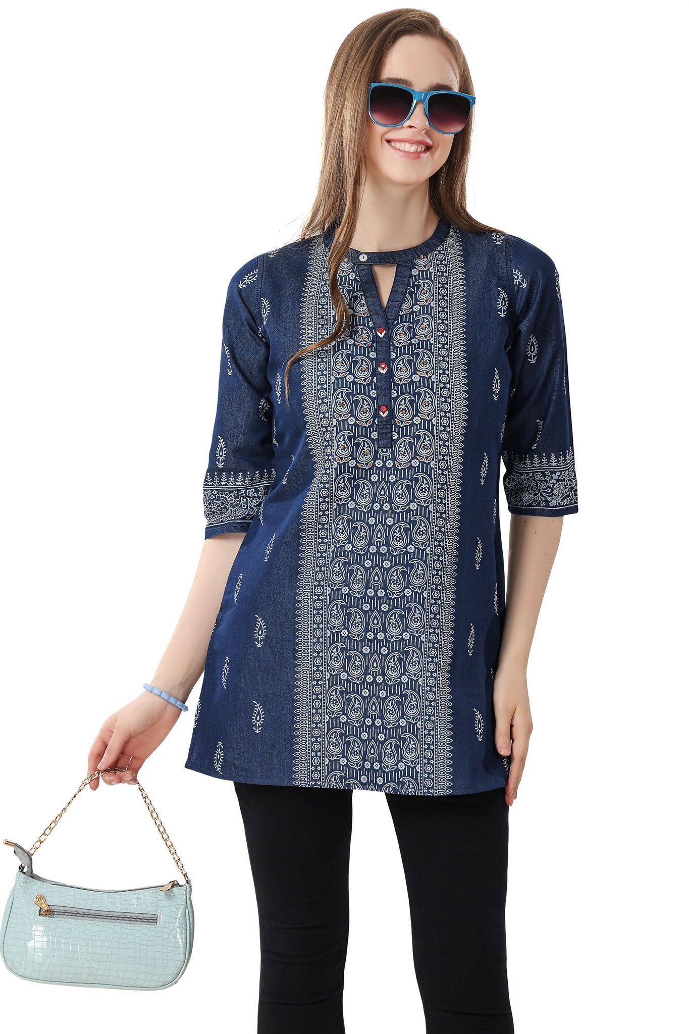 Denim Blue Tunic With Beautiful Print And Thread Work By Bloomkart