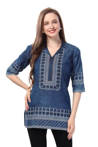 Denim Elegance Applique Embroidery And Cloud Wash On Coat Collar Tunic By Bloomkart
